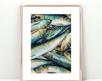 オリジナルのイワシの魚の絵画、沿岸海洋アート、シルバーブルーの魚の