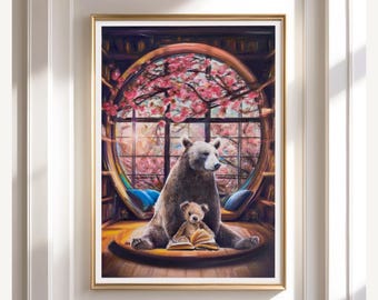 Whimsical Bear Reading Nook Wall Art Print, Storytime Animal Giclée Poster for Nursery, Kids Room, Book Lovers & Cozy Home Decor