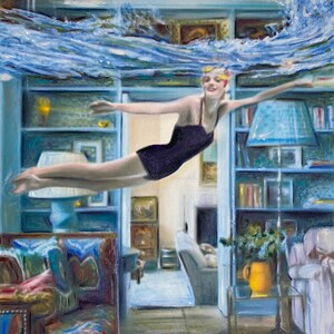 Dipinto originale di nuotatore retrò – Scena di cucina in realismo magico – 'Piscina riscaldata' di Maria Titan