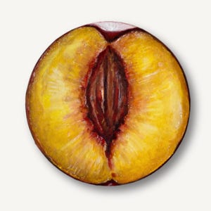 Original Peach Painting on Round Canvas: Kitchen Still Life Art