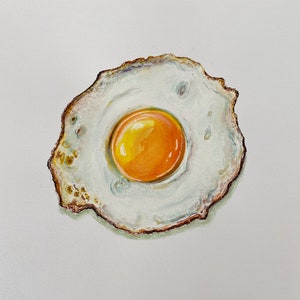 original painting, fried egg painting, sunny side up egg artwork, mom gift, yellow white art, watercolour, kitchen art, realistic painting image 1