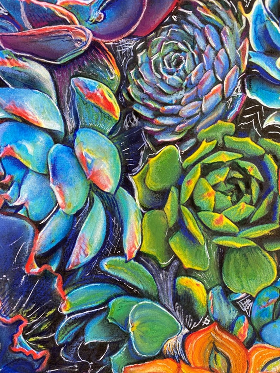 オリジナルの植物画、多肉植物アート、植物アート、花のアート