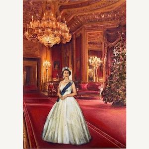 Queen Elizabeth art, monarchy, queen fan art, royal artwork, gold painting, gold and red, original artwork, gift for her, housewarming gift