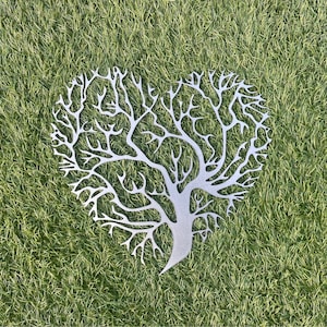 Tree of Life Heart Shaped - Steel Metal Wall Garden Art - SILVER APPEARANCE