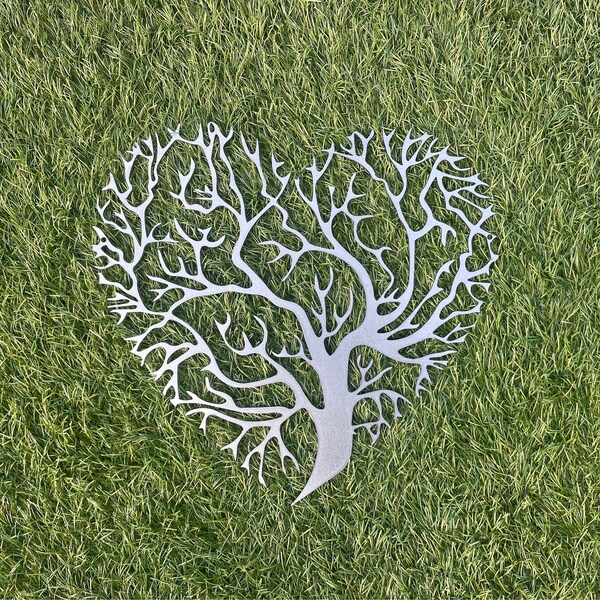 Tree of Life Heart Shaped - Steel Metal Wall Garden Art - SILVER APPEARANCE