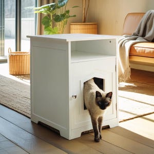 Modern Cat Litter Box Enclosure with Side Table, Wooden Cat House Nightstand with Storage Shelf for Bedroom & Living Room