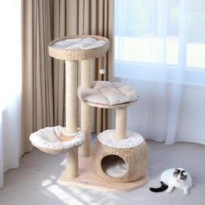 Contemporary Multi-Level Cat Tree Tower with Wicker Beds – Cozy Cat Climbing Equipment with Cushions & Scratch Posts