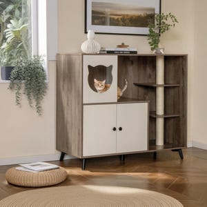Multifunctional Cat with Scratching Posts, Litter Box Enclosure, Cat Bed House & Storage Cabinet – Modern Cat Furniture