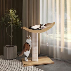 Minimalist Wooden Cat Tree with Hammock Bed & Scratching Post, Modern Cat Furniture Tower for Sleeping And Climbing