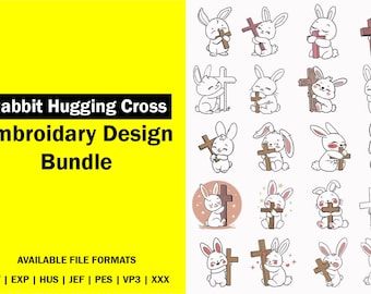 Lot de motifs de broderie Rabbit Hugging Cross, polices de broderie, motif de broderie, motifs de broderie machine | Téléchargement instantané