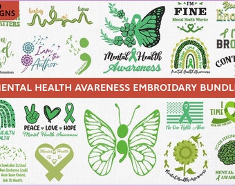 20 Mental health awareness embroidery design, embroidery font, machine embroidery files for commercial use Instant Download