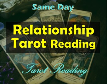 May include: A tarot card reading for relationships, with the words "Same Day Relationship Tarot Reading" in yellow text on a green background. The image features several tarot cards with intricate designs.