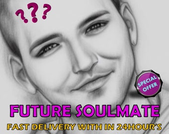 May include: A black and white drawing of a man's face with question marks above his head. The text "FUTURE SOULMATE" is in pink letters below the image. The text "FAST DELIVERY WITH IN 24HOUR'S" is in yellow letters below the pink text. A purple circle with the text "SPECIAL OFFER" is in the lower right corner of the image.