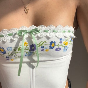 Handmade Lulu strapless corset top | reworked floral top | boning | adjustable lace up back | lace detailing