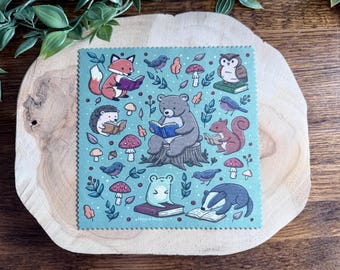 Paño de limpieza con diseño de animales del bosque / Limpiador de pantallas / Microfibra / Zorro / Libros / Lindo / Regalo / Paño para gafas / Oso