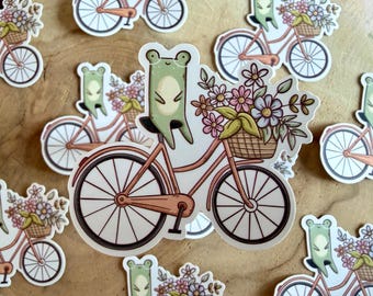 Frog on Bicycle Die Cut Sticker | Spring | Flowers | Cute