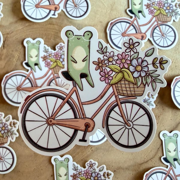Frog on Bicycle Die Cut Sticker | Spring | Flowers | Cute