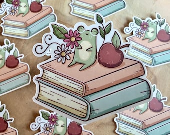 Frog and Flowers on Books Die Cut Sticker | Spring | Cute | Reading | Glasses | Flowers