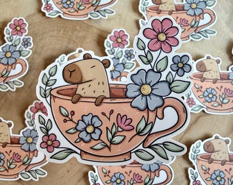 Tea Cup Capybara Die Cut Sticker | Spring | Flowers | Cute