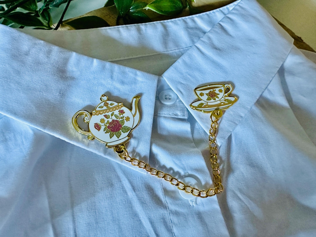 Tea Set Enamel Collar Pin | Gold Plated With Chain - Etsy