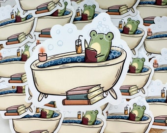 Zelfzorg Froggie gestanst sticker | Leuk | Kikker | Boeken | Bad | Boekachtig | Lezing