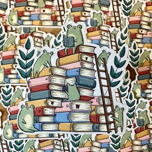 Adesivo fustellato Froggie Book Stack / Carino / Pastello / Libri / Rana / Libresco / Lettura