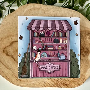 Negozio di magia di Cat Cartolina / Gatto / Botanico / Quadrato / Stampa / Magico / Negozio