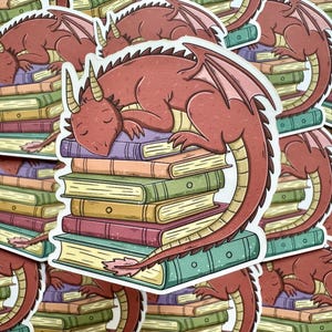 Adesivo fustellato drago dormiente / Carino / Drago / Libri / Libresco / Lettura