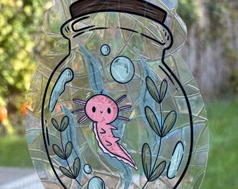 Axolotl in a Bottle Sun Catcher | Rainbow maker | Rainbows | window decal | cute | window sticker