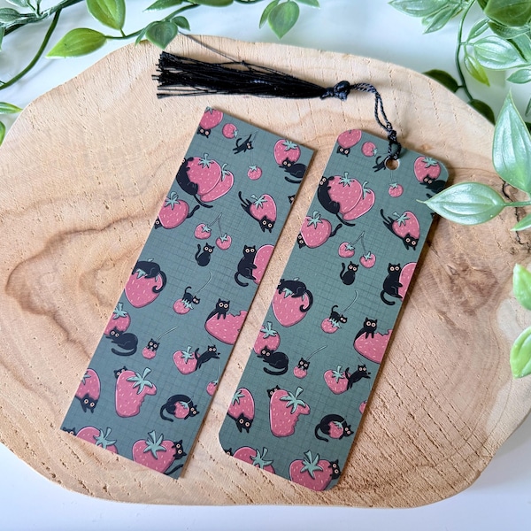 Black Cats & Strawberries Bookmark | Cute Bookish Gift