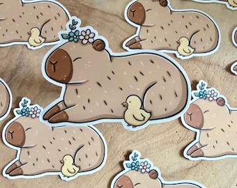 Capybara and Tiny Duck Die Cut Sticker | Flowers | Vinyl | Ducks | Cute