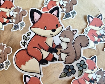Fox and Squirrel Die Cut Sticker | Cute | Flowers | Animals | Woodland