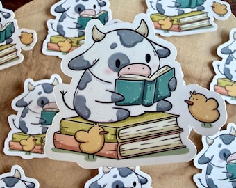 Reading Cow Die Cut Sticker | Books | Chicken | Cute | Spring