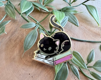 Cat on Books Enamel Pin | Black Cat | Books | Cute | Relaxing