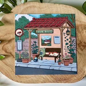 Cartolina con rana e gatto alla fermata dell'autobus / Graziosa stampa quadrata