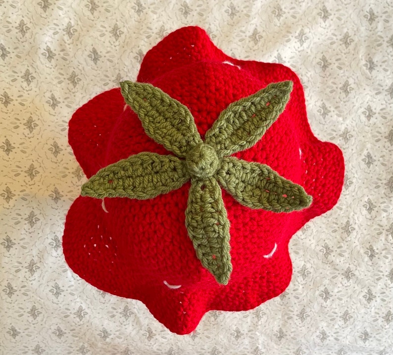 May include: A red crocheted strawberry hat with a green crocheted leaf on top.