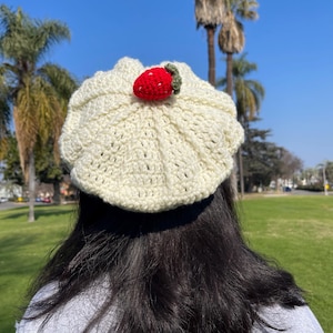 Crochet Fresas Con Crema Beret | Handmade Fruit Hat | Fun Crochet Hat | Mexican Food Beret | Fresas Cok Crema Hat | Custom Crochet Beret