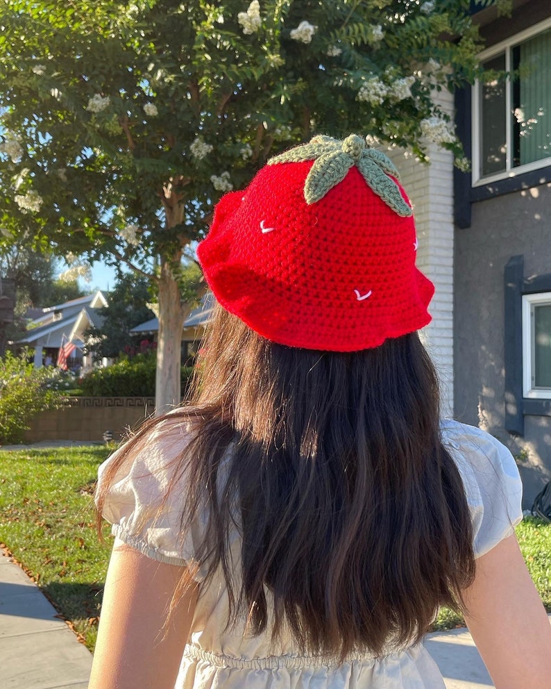 Crochet Strawberry Bucket Hat | Handmade Fruity Hat | Cute Crochet Hat | Summer Crochet Hat | Strawberry Hat | Fun Bucket Hat image 4