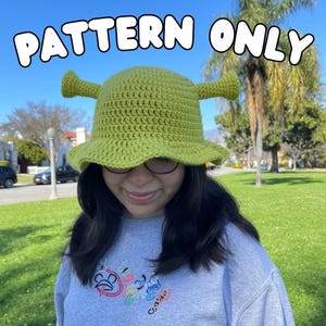 May include: A green crochet hat with two ears, resembling a character from the movie Shrek. The hat is worn by a person with dark hair and glasses. The text "PATTERN ONLY" is displayed in white letters on a blue background.