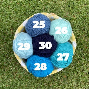 Puede incluir: Una cesta llena de siete ovillos de lana en varios tonos de azul y turquesa. Cada bola est&aacute; numerada en blanco. La cesta tiene un forro a cuadros amarillos y blancos, sobre un fondo de hierba verde.