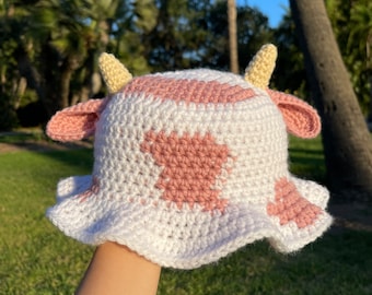 Crochet Strawberry Cow Bucket Hat | Handmade Fruit Cow Hat | Fun Crochet Bucket Hat | Strawberry Cow Hat | Crochet Summer Hat