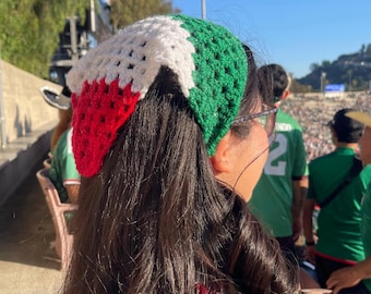 Pañuelo de ganchillo con la bandera mexicana / Atuendo para el Mundial de México / Bufanda para la cabeza con la bandera mexicana / Pañuelo de ganchillo para aficionados al fútbol / Gorro para el día del partido