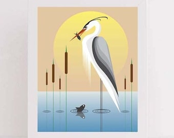 Abstract Heron Art, Sunset With Heron Print, Heron With Fish, Modern Nature Wall Print, Bird Wall Art, Downloadable Bird Print, Bird Lover