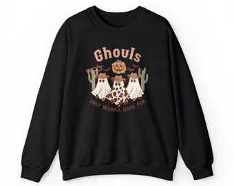 May include: Black sweatshirt with a Halloween graphic. The design features three ghost figures wearing cowboy hats, a pumpkin, bats, and the text "Ghouls just wanna have fun."