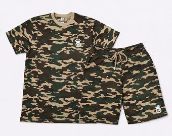 Men's Camo Co-ord Set: Camouflage Cotton T-Shirt & Fleece Shorts