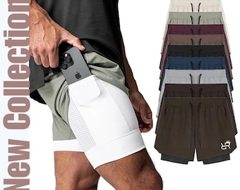 Pantalones cortos deportivos de doble capa para hombre, de cintura alta, ideales para el gimnasio y actividades deportivas.