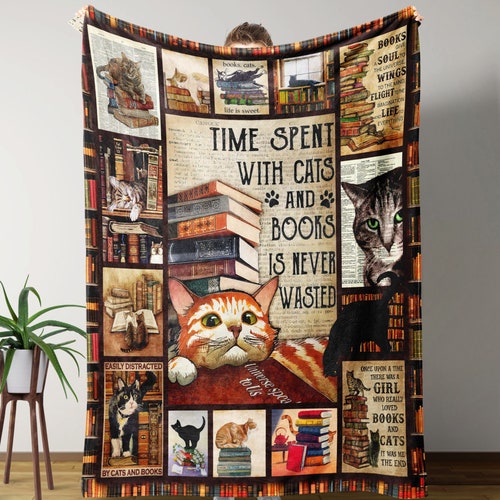 Cat With Book Blanket Time Spent With Cats and Books Blanket Etsy