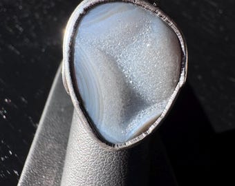 Sterlingzilveren Steven Ruse-ring met drusy-kwarts in agaat en amethist– Handgemaakte draagbare kunst