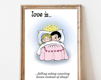 Love is Cartoon Poster, Romantic Wall Decor, Love Quote Art Print, Valentine&#39;s Day Gift, Home Decor Print, Love is Kim Casali cartoon poster
