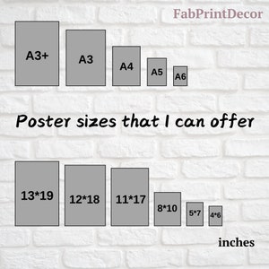 May include: A chart showing different poster sizes offered by FabPrintDecor. The sizes are listed in inches: 13x19, 12x18, 11x17, 8x10, 5x7, and 4x6.